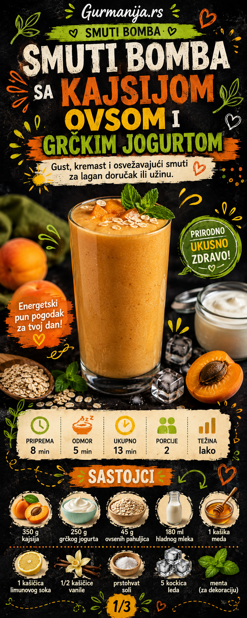 Smuti bomba sa kajsijom ovsom i grčkim jogurtom 🍑🥤 - Vizuelni vodič 1/3