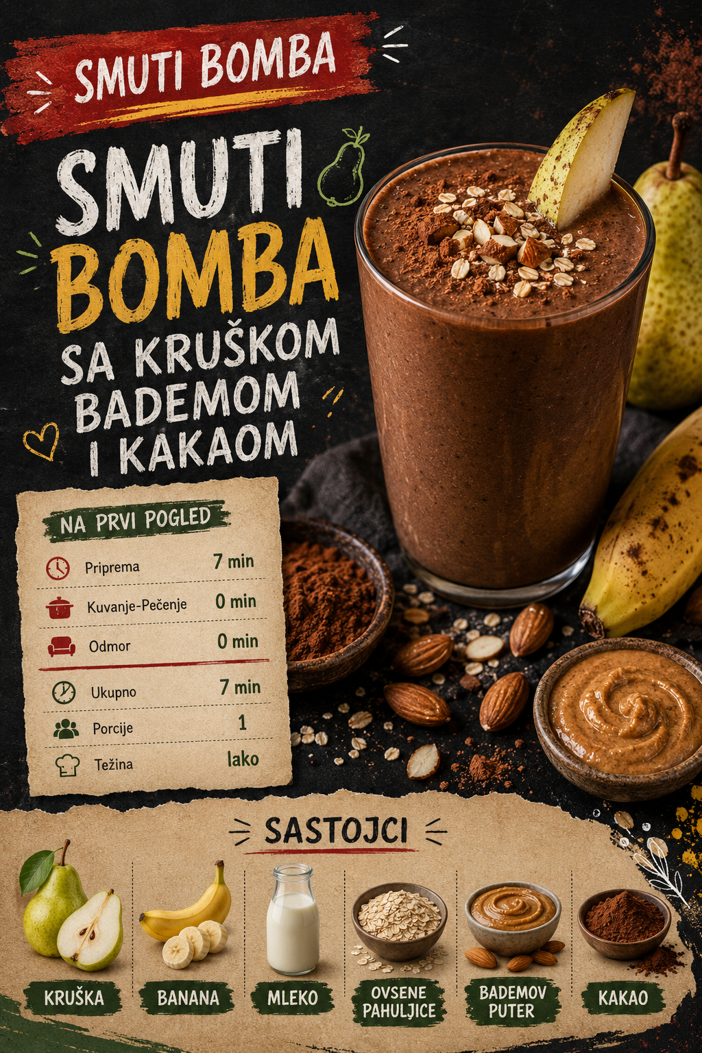 Smuti bomba sa kruškom bademom i kakaom 🍐🍫 - Vizuelni vodič 1/3