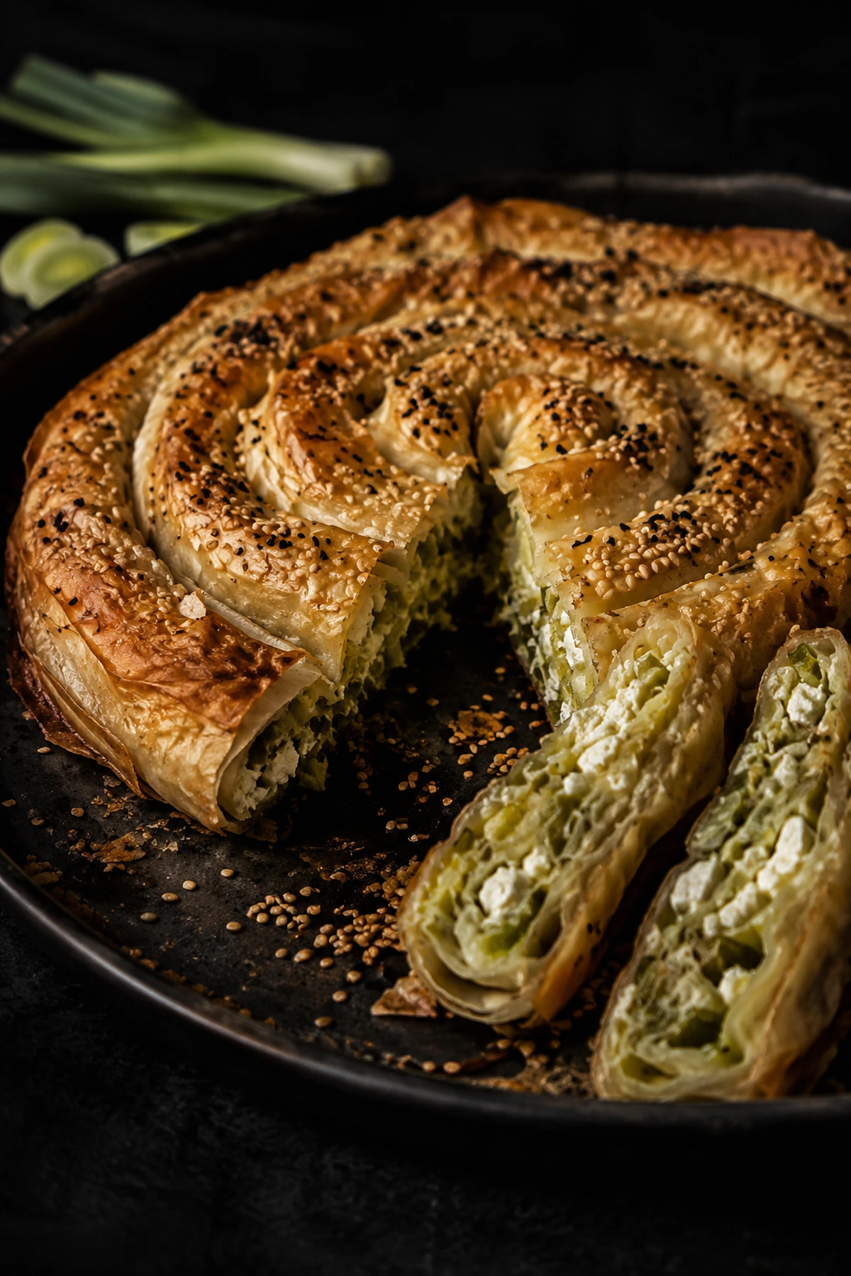 Uvijena pita sa pečenim prazilukom sirom i susamom 🥧🌿
