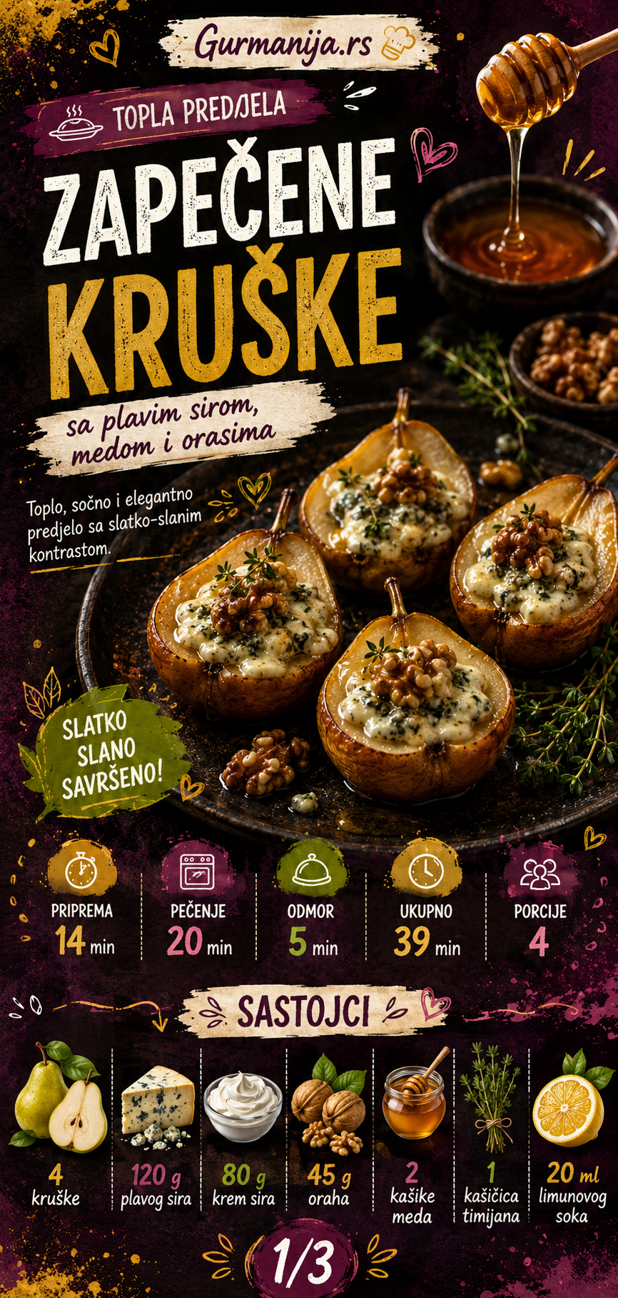 Zapečene kruške sa plavim sirom medom i orasima 🍐🧀 - Vizuelni vodič 1/3